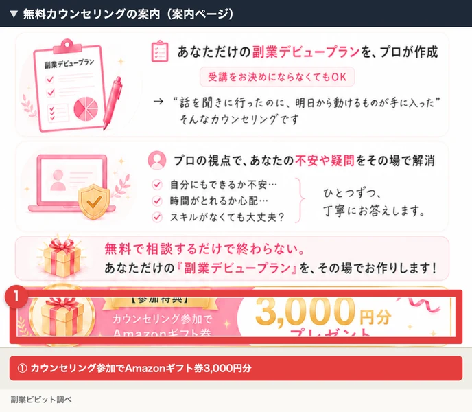 AIStepの案内ページで、無料カウンセリングに参加するとAmazonギフト券3,000円分をプレゼントすると書かれた部分