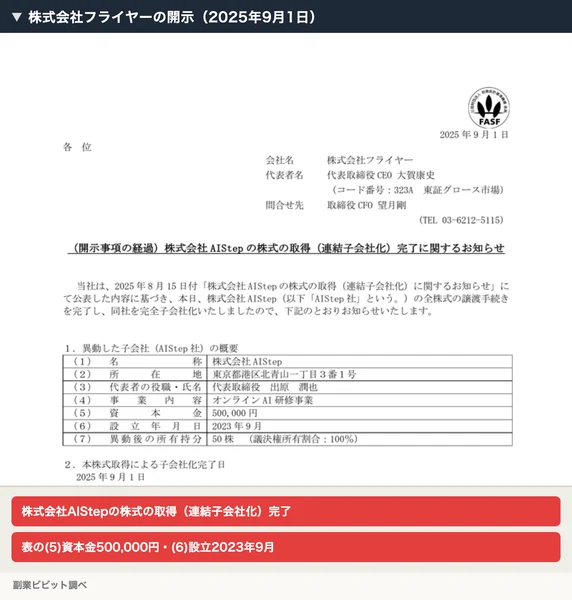 株式会社フライヤーが2025年9月1日に出した、株式会社AIStepの株式の取得（連結子会社化）完了のお知らせ