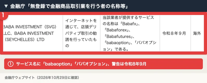 金融庁の無登録業者一覧で、サービス名に「babaoption」「ババオプション」と書かれ、警告は令和8年9月