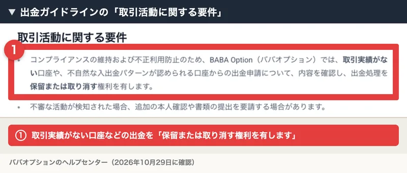 ババオプションの出金ガイドラインに、取引実績がない口座などの出金を保留または取り消す権利があるという記載
