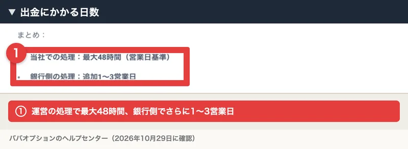 ババオプションのヘルプセンターに、運営の処理が最大48時間、銀行側でさらに1〜3営業日という記載