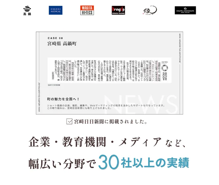 Dコレクトの広告の実績の部分。宮崎県高鍋町の記事が宮崎日日新聞に掲載されたこと、企業・教育機関・メディアなど幅広い分野で30社以上の実績と書かれている