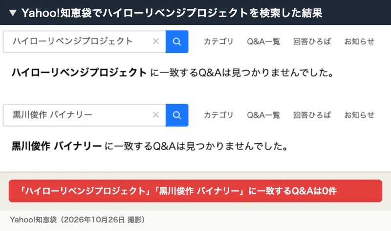 Yahoo!知恵袋で、ハイローリベンジプロジェクトと黒川俊作 バイナリーを検索して、一致するQ&Aが0件だった画面