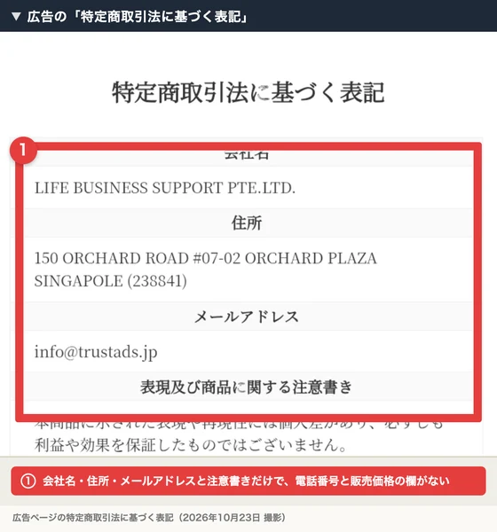 ハイローリベンジプロジェクトの広告の特定商取引法に基づく表記で、会社名・住所・メールアドレスと注意書きだけが書かれている