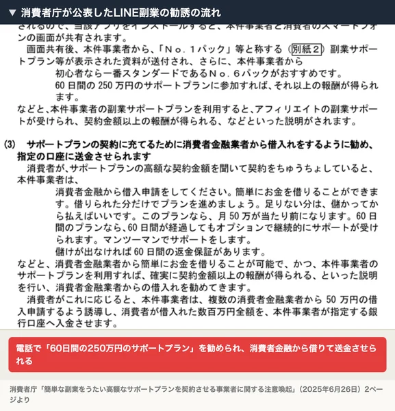 消費者庁の注意喚起の資料で、60日間の250万円のサポートプランを勧められ、消費者金融から借りた数百万円を指定口座へ入金させられる流れが書かれている