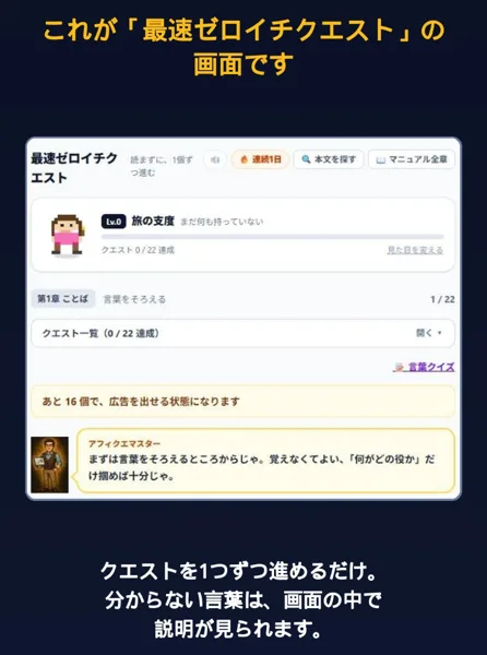 最速ゼロイチクエストの画面。旅の支度、クエスト0/22達成、第1章ことば、あと16個で広告を出せる状態になります、アフィクエマスターの吹き出し