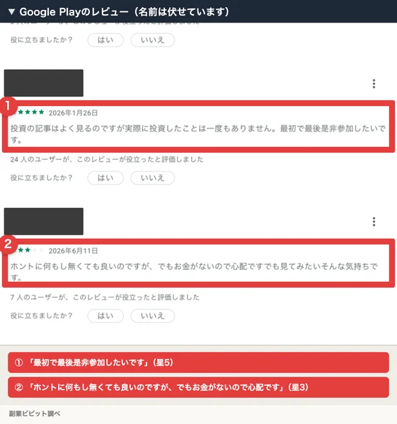 Google Playのトレナビのレビューで、最初で最後是非参加したいですという星5の書き込みと、ホントに何もし無くても良いのですがお金がないので心配ですという星3の書き込み(名前は伏せています)