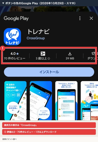 広告のボタンの先のGoogle Playで、トレナビの評価4.0・70件のレビュー・1万以上ダウンロードを赤枠で囲んだ画面