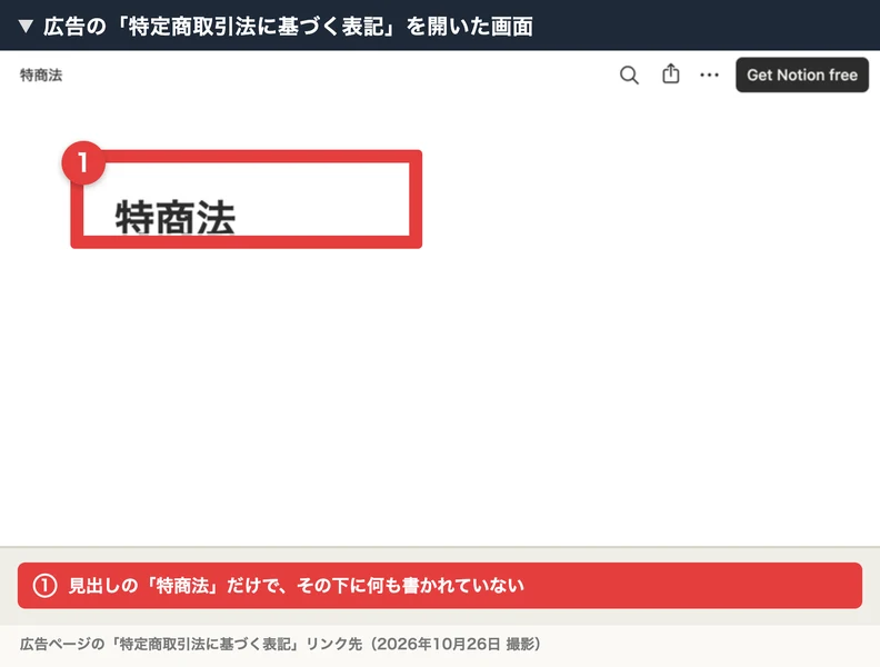 ゆき＠在宅物販の広告の特定商取引法に基づく表記を開くと、見出しの特商法だけで本文が空になっている